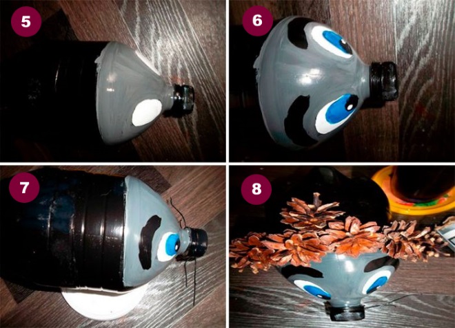 Как делать ежика из бутылки и шишек 2