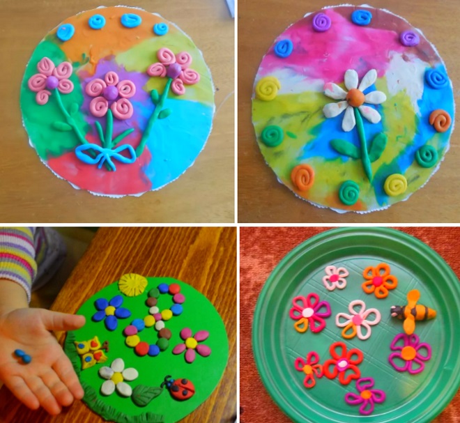 Цветы из пластилина на пластиковых тарелках