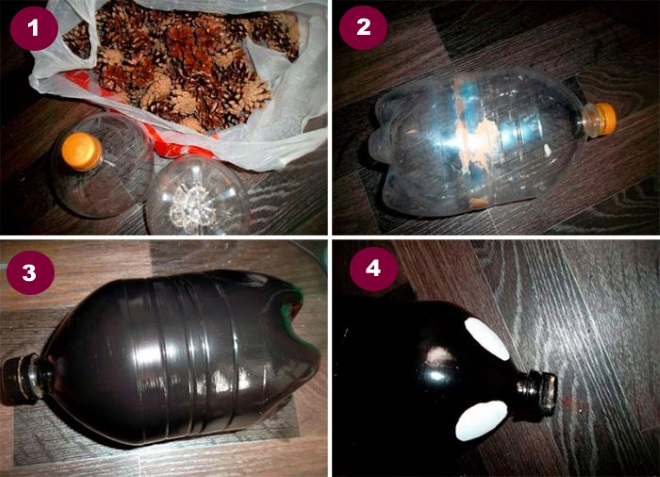 Как делать ежика из бутылки и шишек 1